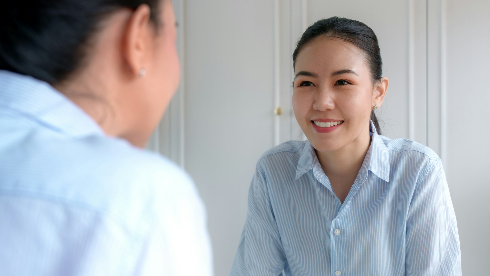 Young adult female asia people self love cheer up pep talk before job interview